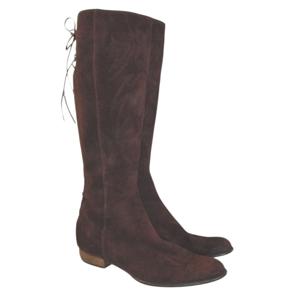Vintage Martini Osvaldo Embroidered Suede Western Knee High Boots In Brown Sz 7